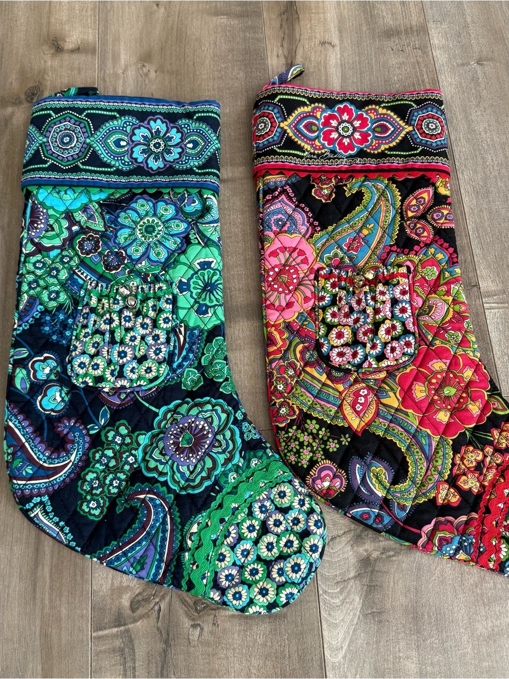TWO Vera Bradley Christmas Stockings Jingle Bells Symphony in Hue Blue Rhapsody